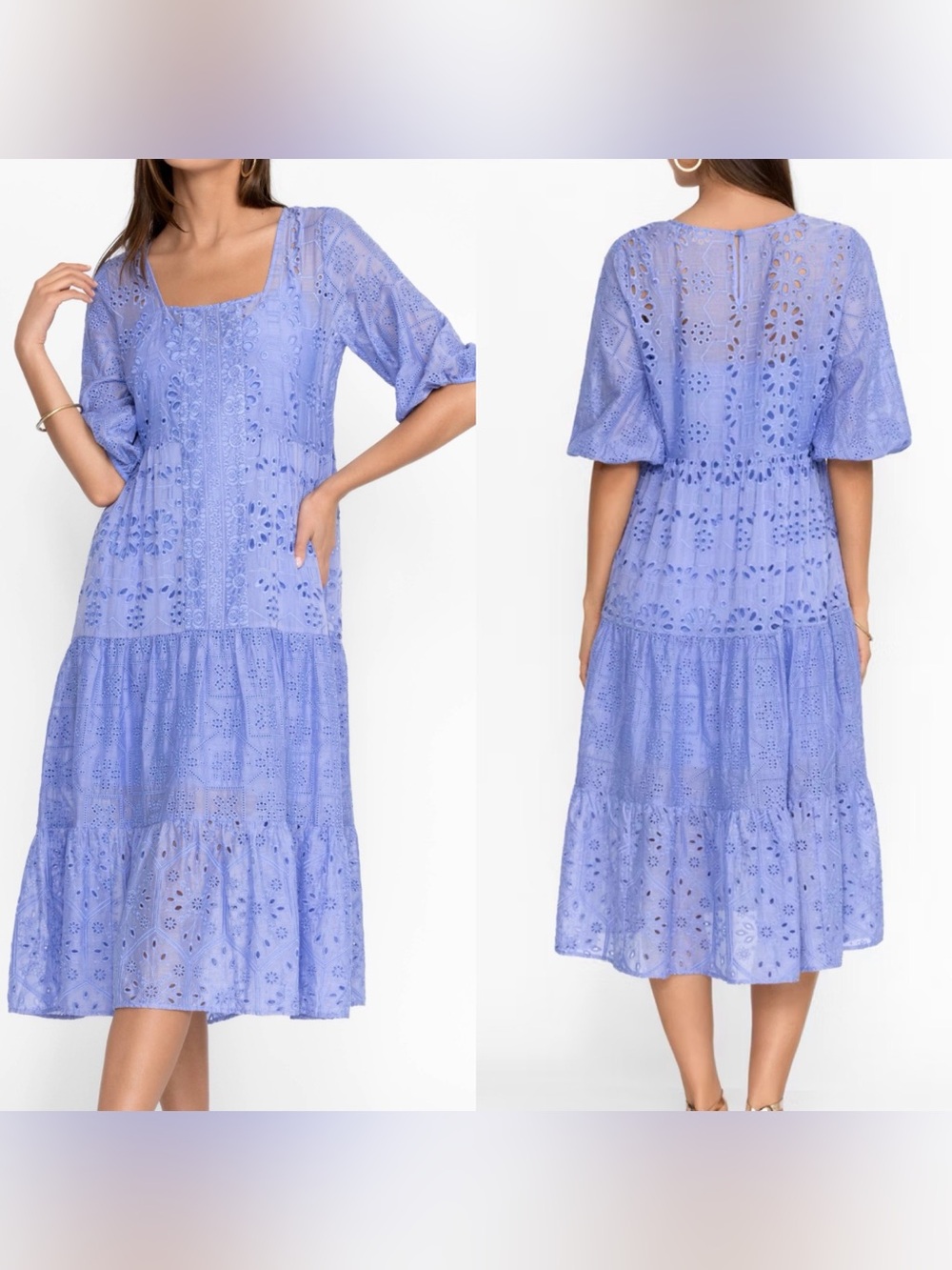 Johnny Was Castillo‎ Periwinkle Eyelet Cotton Silk Midi Dress S